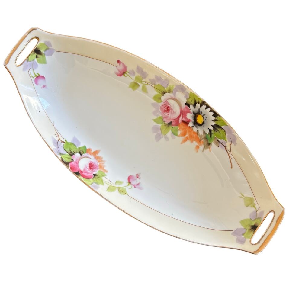 Vintage Noritake hand painted relish dish floral design green Morimura mark